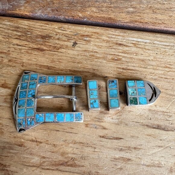 Native American Turquoise Inlay Unmarked Silver Belt Buckle SEE DETAILS